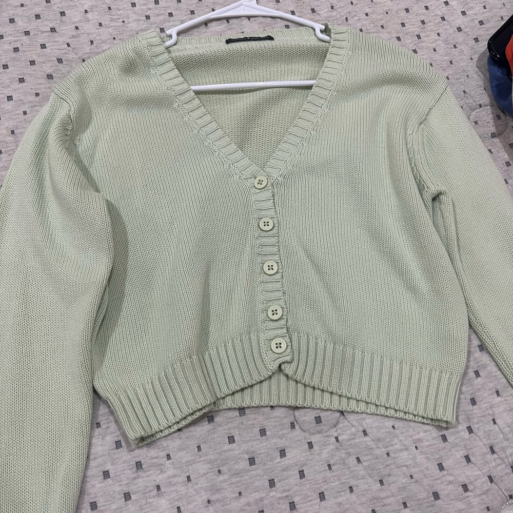 soft green button up front sweater